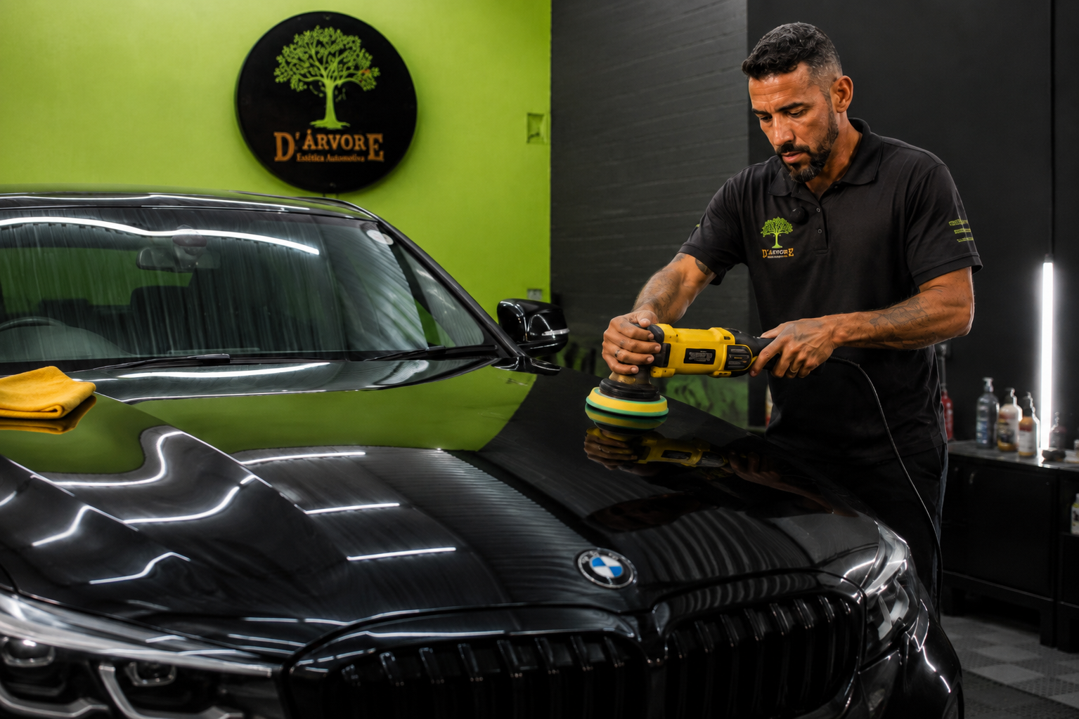 BMW com pintura brilhante após polimento técnico na D'Árvore Estética Automotiva